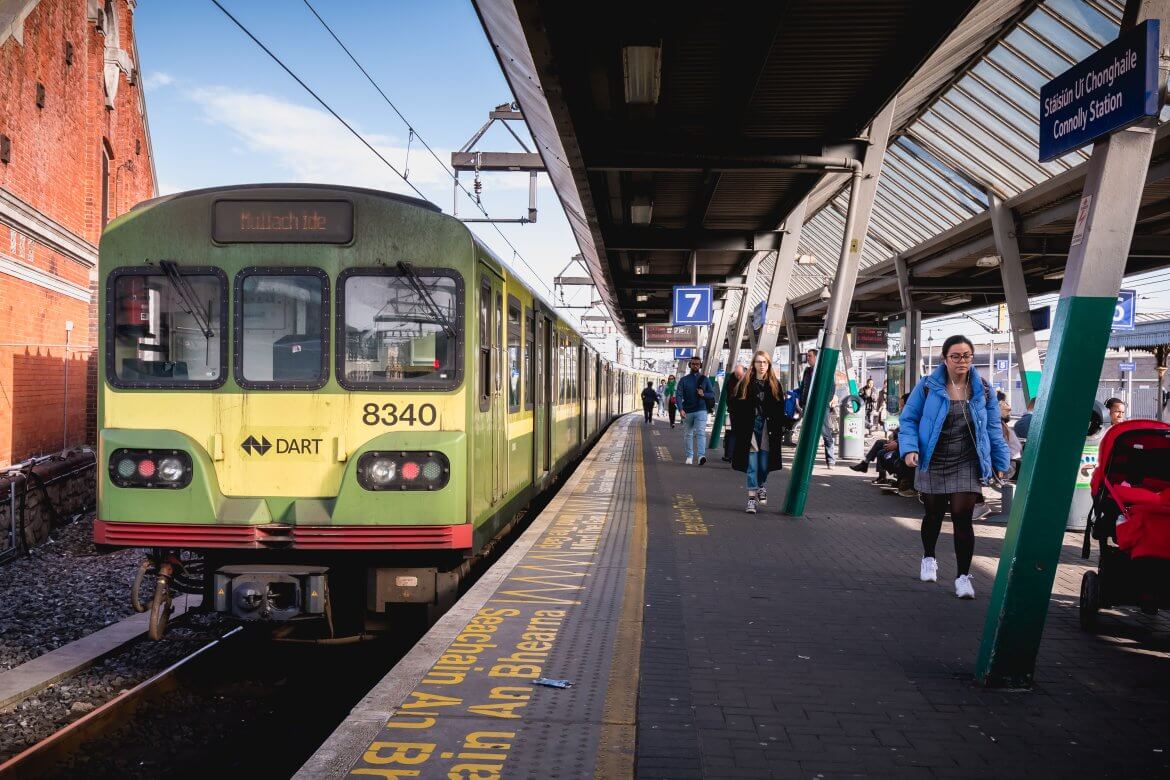 Passengers walking on the platform of Connolly DART train statio