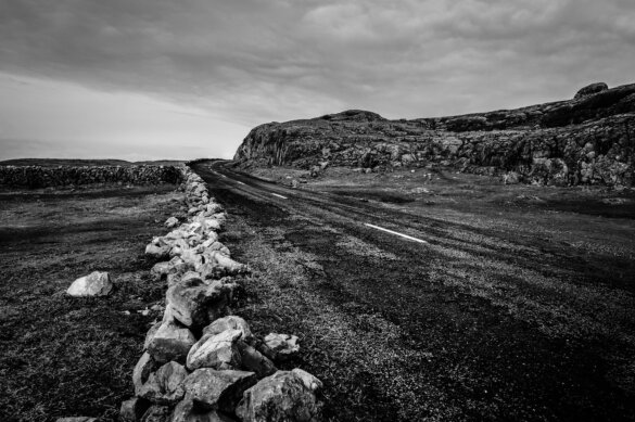 grayscale photo of rocky road