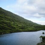 a body of water surrounded by a lush green hillside