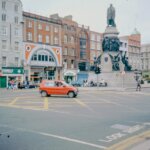 Dublin's o'connell street with a monument and traffic.